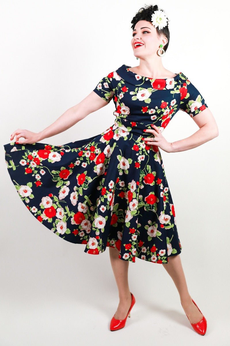 Woman's Retro Floral Roses Swing Dress in Navy Blue
