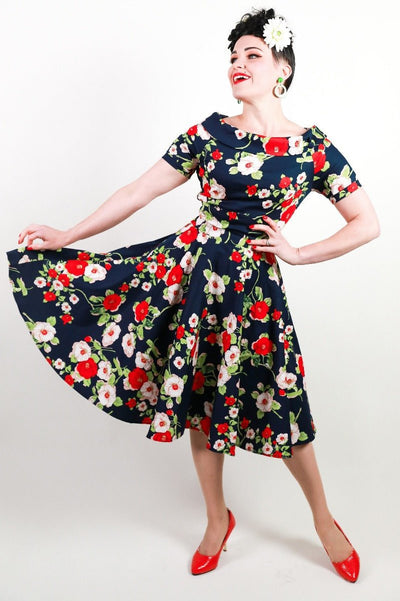 Woman's Retro Floral Roses Swing Dress in Navy Blue