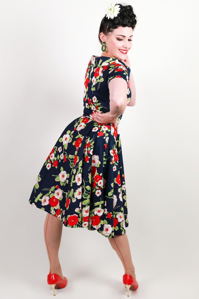 Woman's Retro Floral Roses Swing Dress in Navy Blue