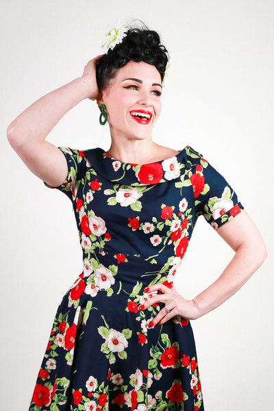 Woman's Retro Floral Roses Swing Dress in Navy Blue