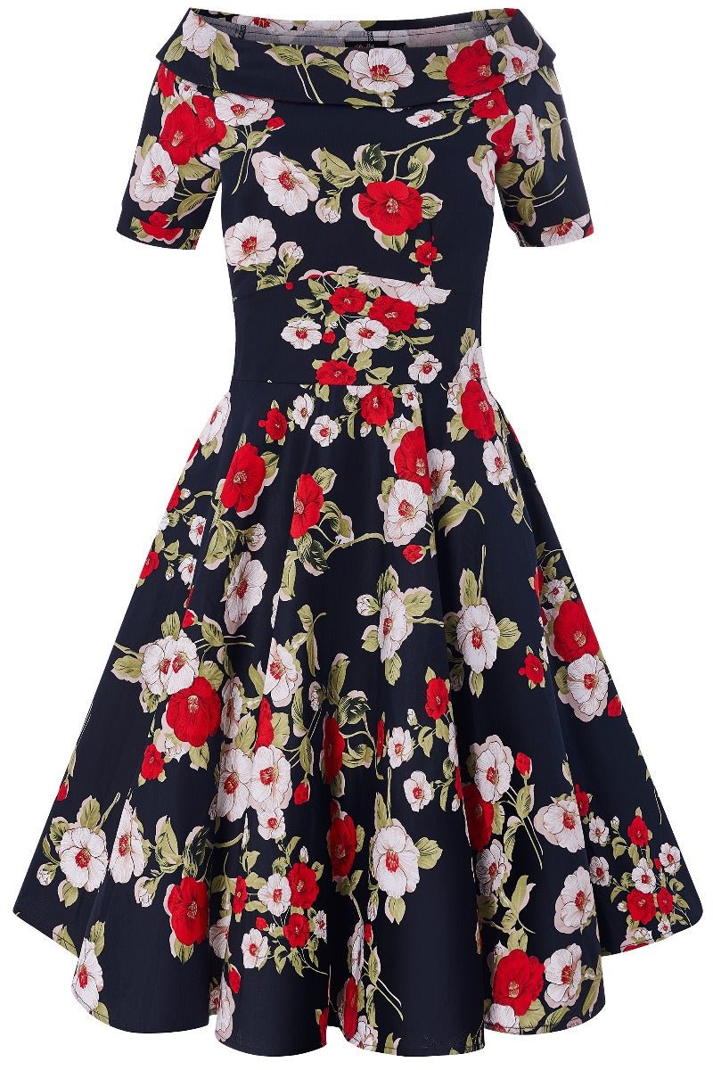 Woman's Retro Floral Roses Swing Dress in Navy Blue