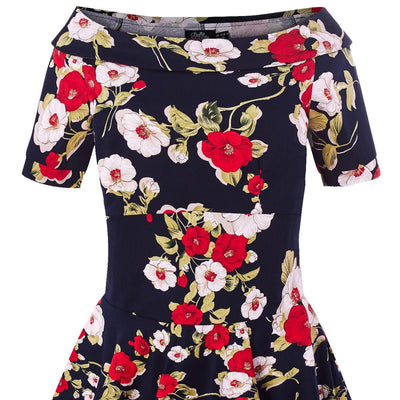 Woman's Retro Floral Roses Swing Dress in Navy Blue