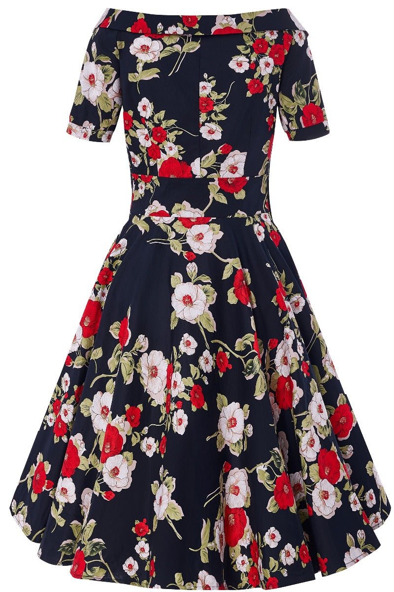Woman's Retro Floral Roses Swing Dress in Navy Blue