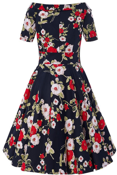 Woman's Retro Floral Roses Swing Dress in Navy Blue