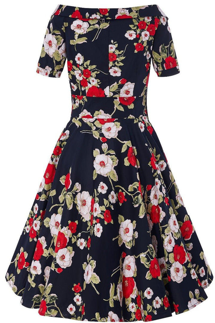Darlene Retro Swing Dress in Navy Blue Floral Roses Print