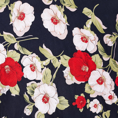 Woman's Retro Floral Roses Swing Dress in Navy Blue