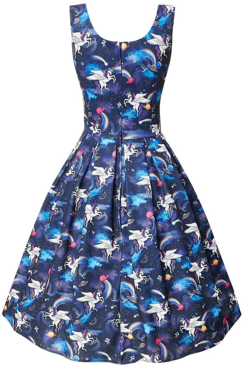 Amanda Blue Funky Unicorn Rainbow Space Print Swing Dress