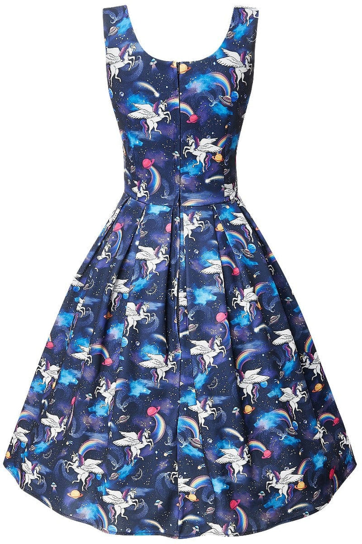 Amanda Blue Funky Unicorn Rainbow Space Print Swing Dress