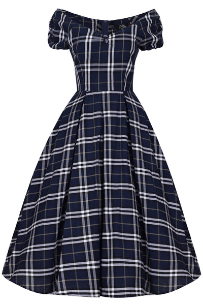 Navy Blue Tartan Plaid Short Sleeve Swing Dress