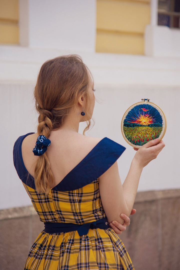 Cindy 50s Full Circle Dress in Yellow Navy Blue Tartan Print