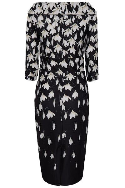 Denise Vintage Inspired Wiggle Dress-Black Snowdrop Flowers
