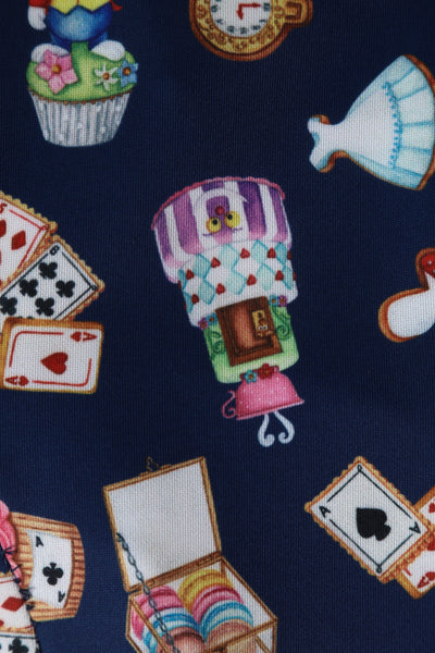 Close up view of Alice In Wonderland Print Sleeved Dress in Navy Blue