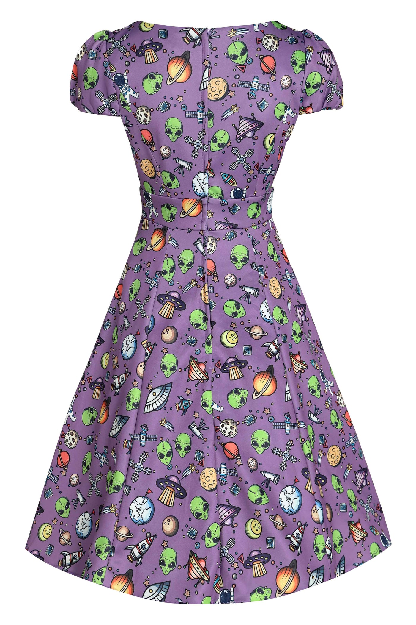Back view of Alien and UFO Space Print Dress in Purple