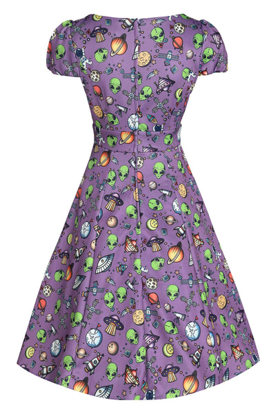 Back view of Alien and UFO Space Print Dress in Purple