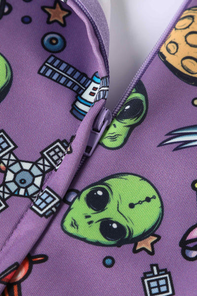 Close up view of Alien and UFO Space Print Dress in Purple
