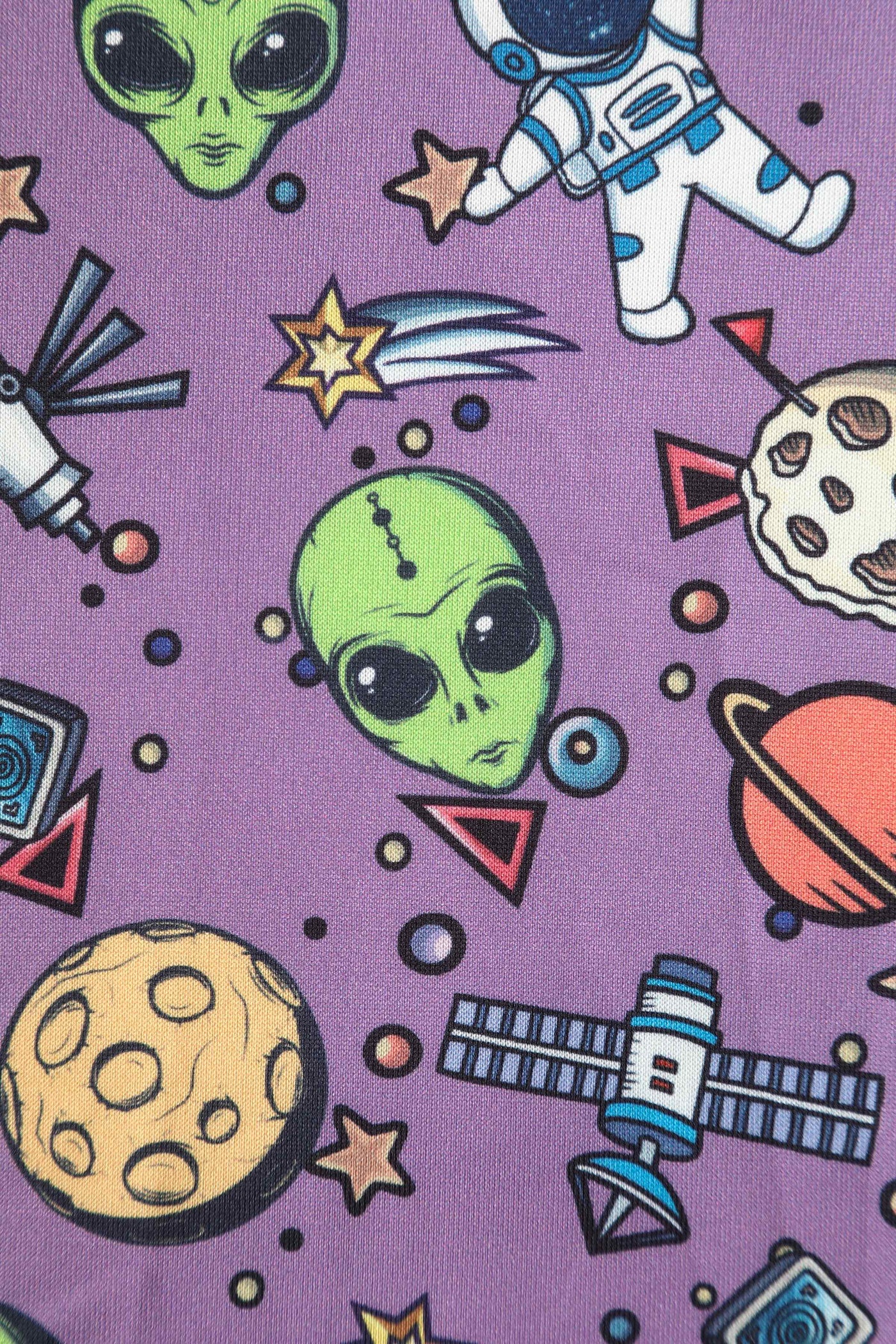 Close up view of Alien and UFO Space Print Dress in Purple
