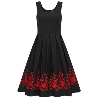 Amanda Embroidered Scoop Neck Swing Dress in Black-Red