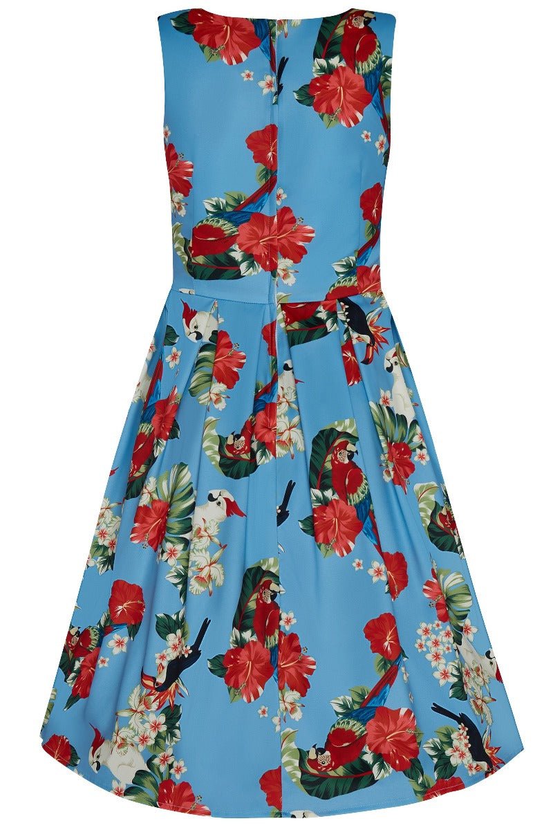 Annie 50's dress in blue, with red and white flowers, parrots and pecans, back  view