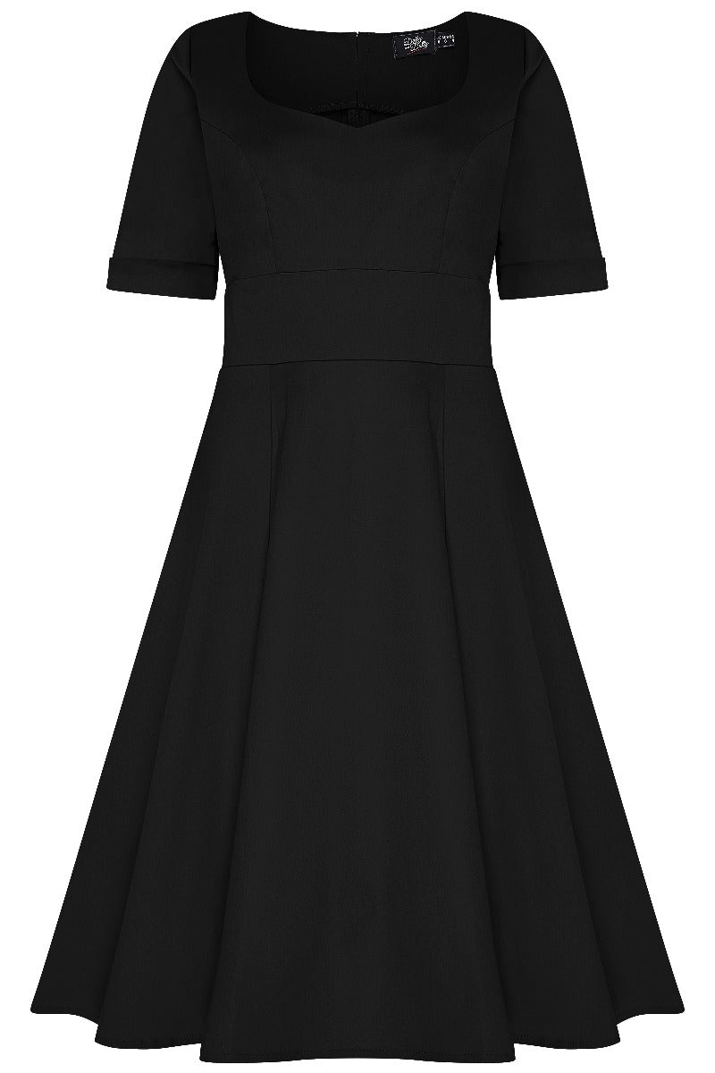 Barbara short sleeved flared dress, in black, front view