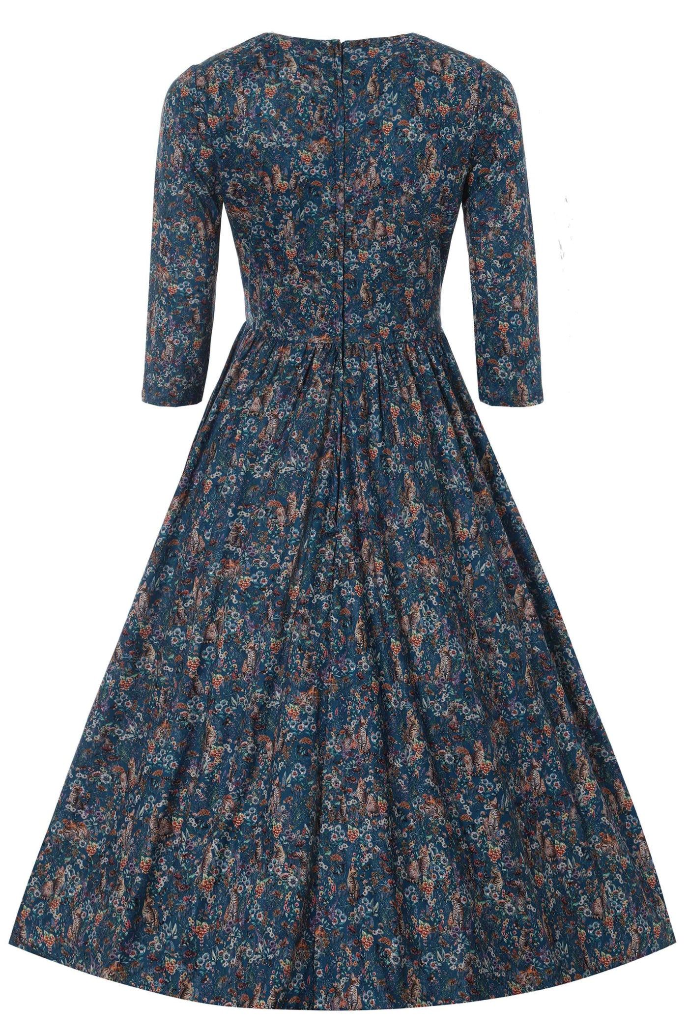 Back View of Bengal Cat Print Long Sleeved Swing Dress in Blue