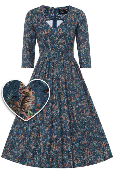 Front View of Bengal Cat Print Long Sleeved Swing Dress in Blue