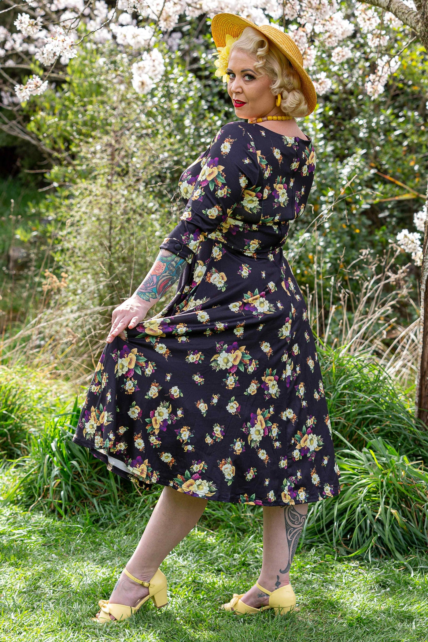 black and yellow floral dress Scarlette Black & Yellow Floral Mid Calf Dress