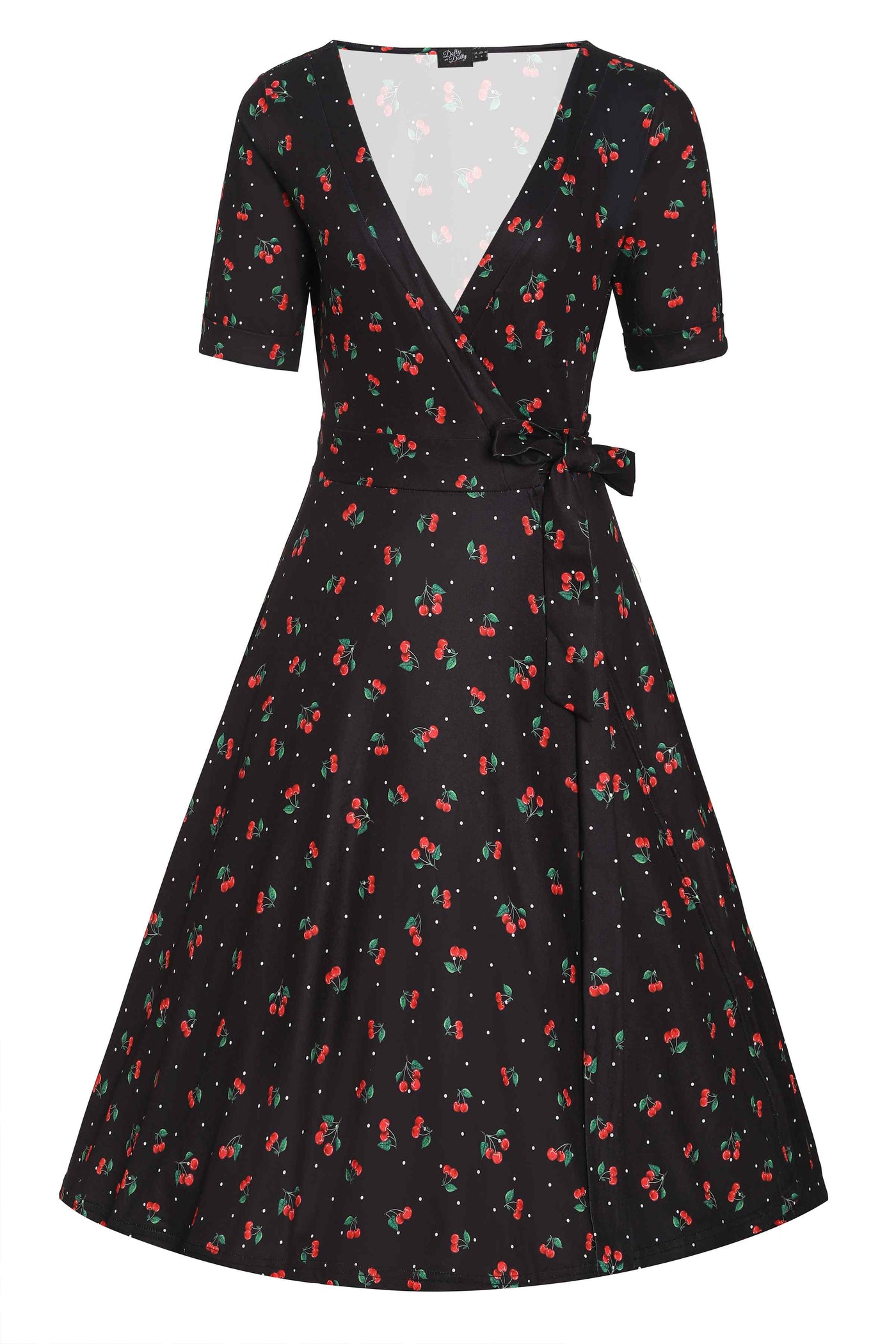 Front view of our Matilda short sleeved wrap dress in black, with red cherries print