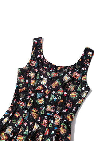 Black Christmas Fair Print Dress