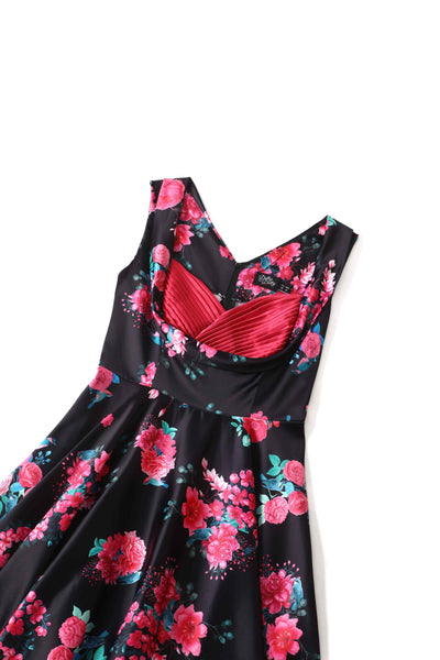 Black Floral Pleated Bust Dress