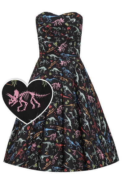 Black Strapless Womens Dress in Glow Dinosaur Skeleton Fossil Print 