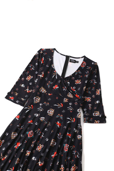 Black Old School Tattoo Long Sleeved Dress