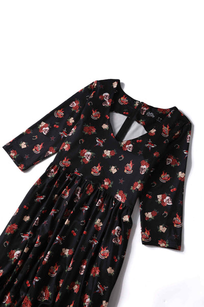 Black Rockabilly Skull & Rose Dress