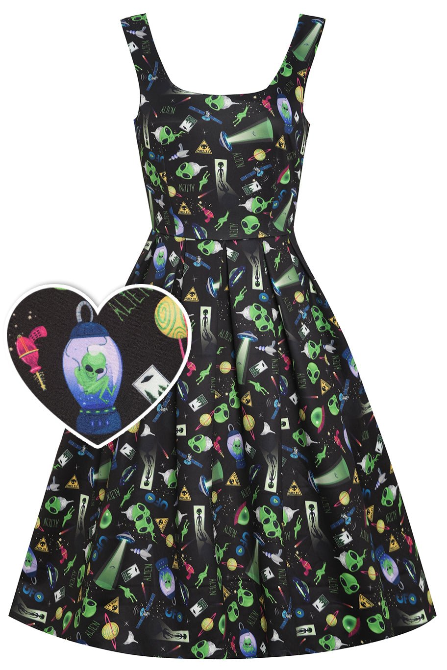 Front view of Black UFO & Alien Swing Dress