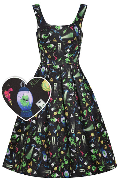 Front view of Black UFO & Alien Swing Dress