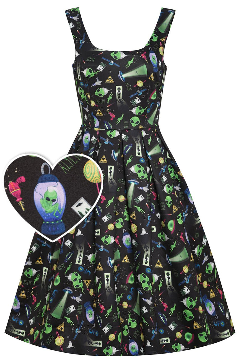 Front view of Black UFO & Alien Swing Dress