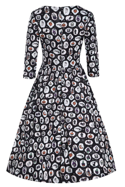 Back view of Black with Spooky Halloween Print Long Sleeved Swing Dress