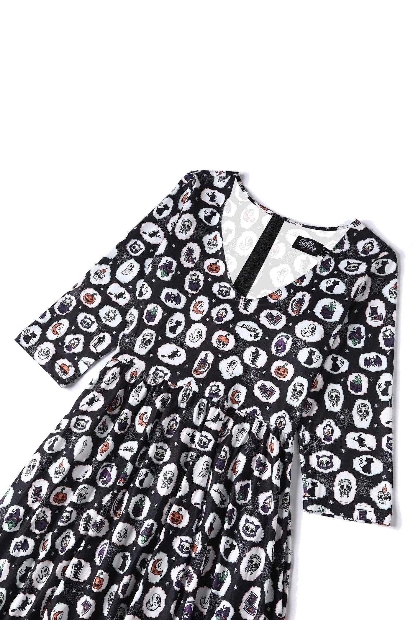 Close up View of Black with Spooky Halloween Print Long Sleeved Swing Dress