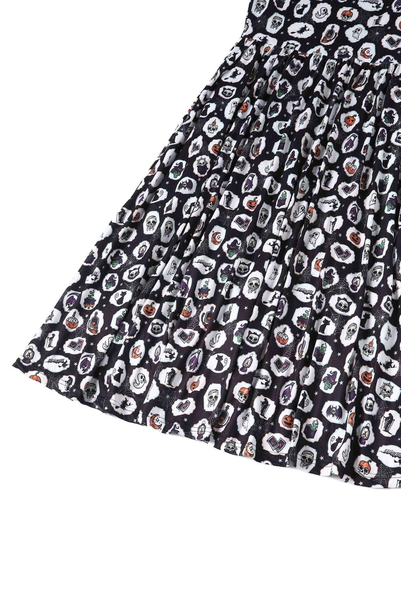 Close up view of Black with Spooky Halloween Print Long Sleeved Swing Dress