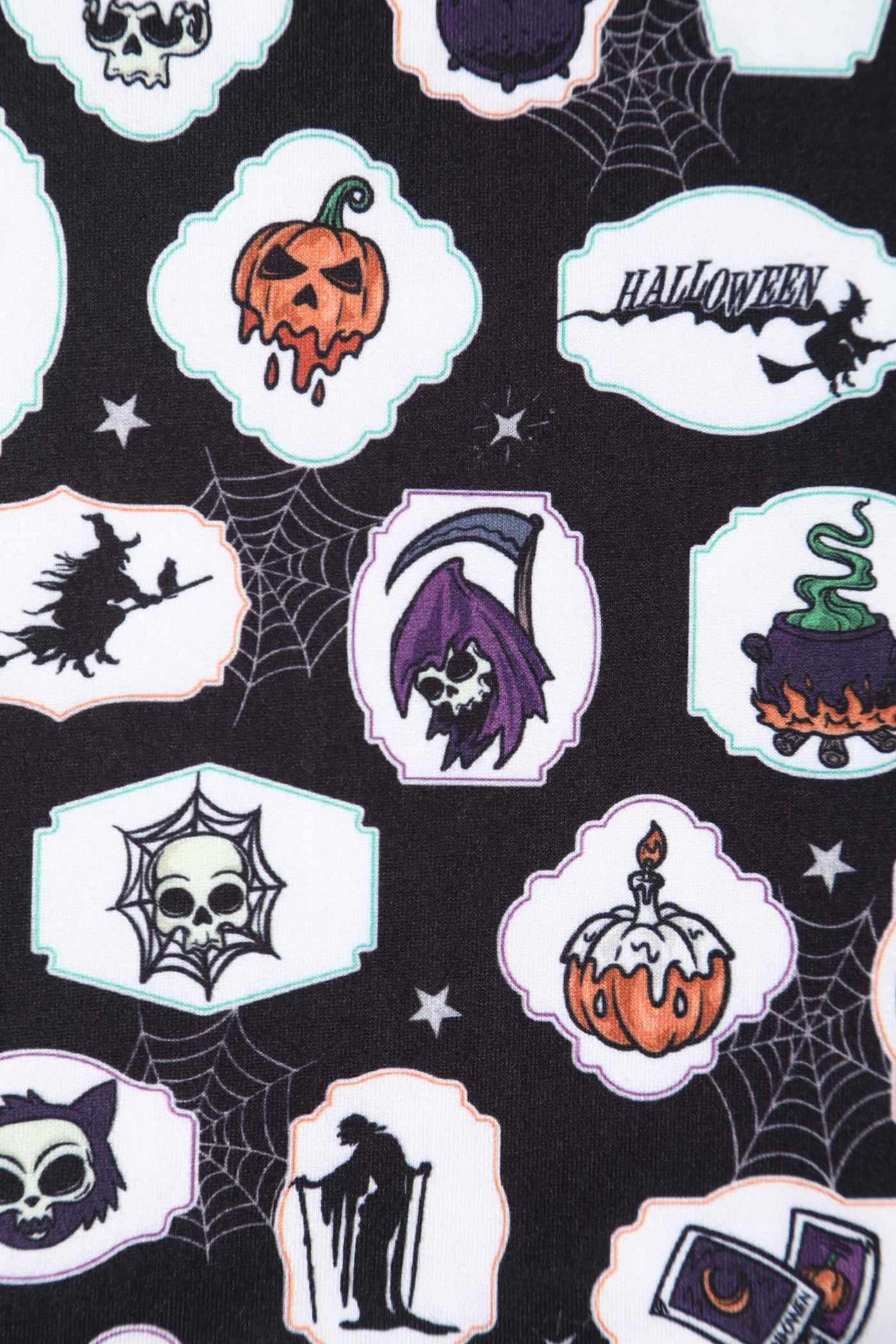 Close up view of Black with Spooky Halloween Print Long Sleeved Swing Dress