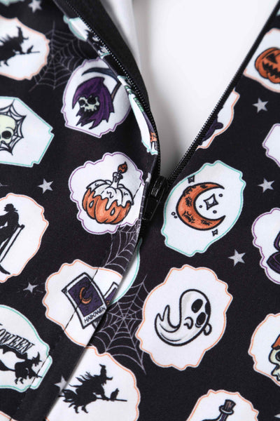 Close up view of Black with Spooky Halloween Print Long Sleeved Swing Dress