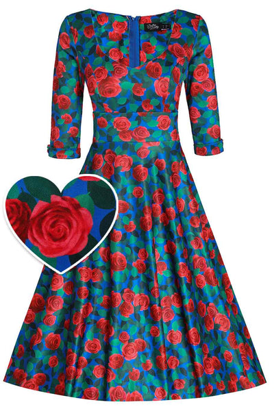 Blue and Red Roses three fourth Sleeved Swing Dress Front