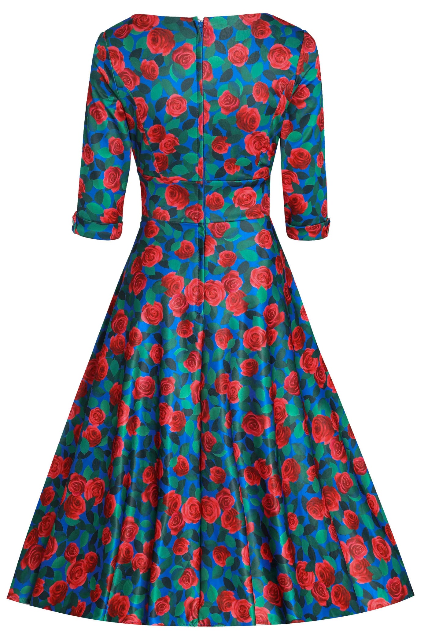 Blue and Red Roses three fourth Sleeved Swing Dress Back
