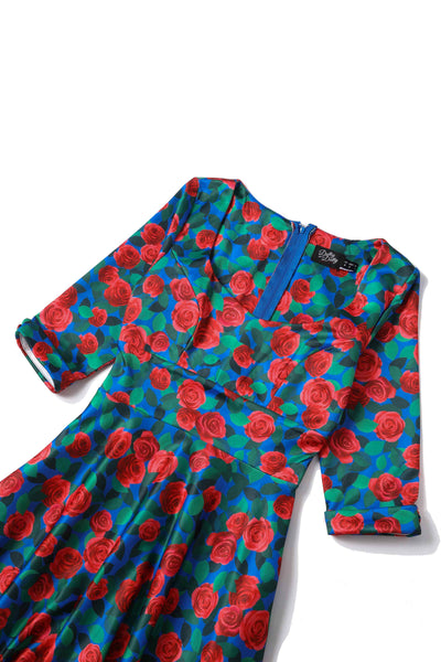 Blue and Red Roses three fourth Sleeved Swing Dress Fabric Close Up