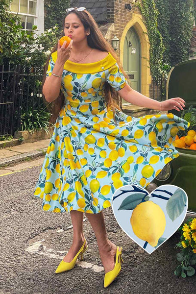 Darlene Off-Shoulder Vintage Dress in Blue/Yellow Lemon Print