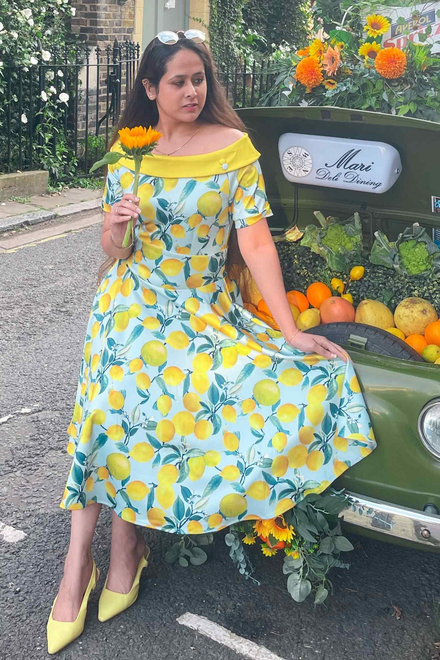 Darlene Off-Shoulder Vintage Dress in Blue/Yellow Lemon Print