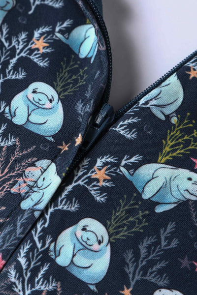 Close up View of Blue Manatee Long Sleeved Swing Dress in Navy