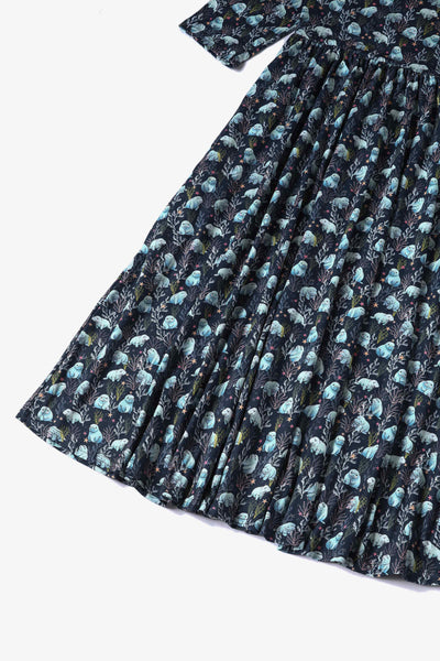 Close up View of Blue Manatee Long Sleeved Swing Dress in Navy