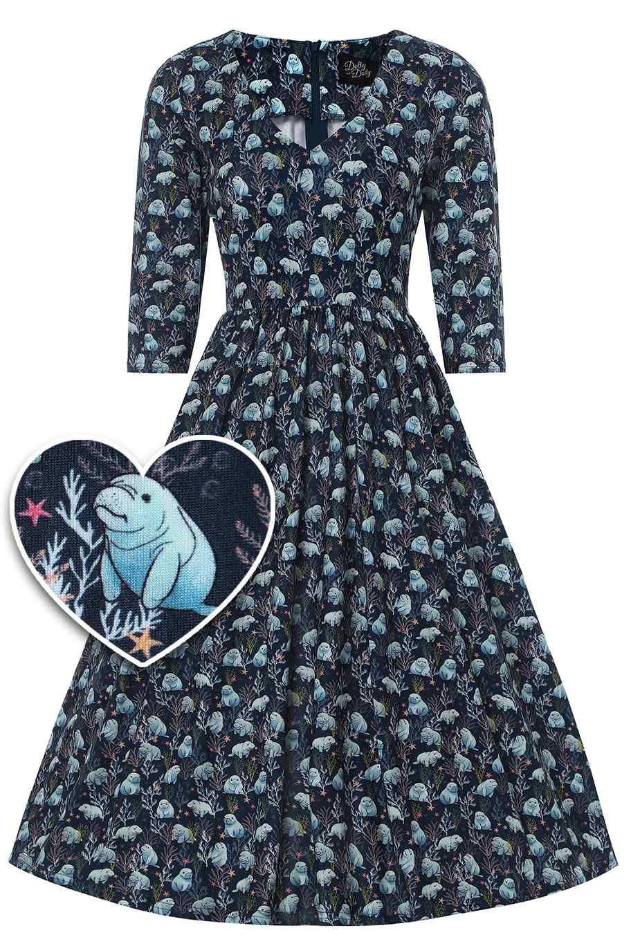Front View of Blue Manatee Long Sleeved Swing Dress in Navy