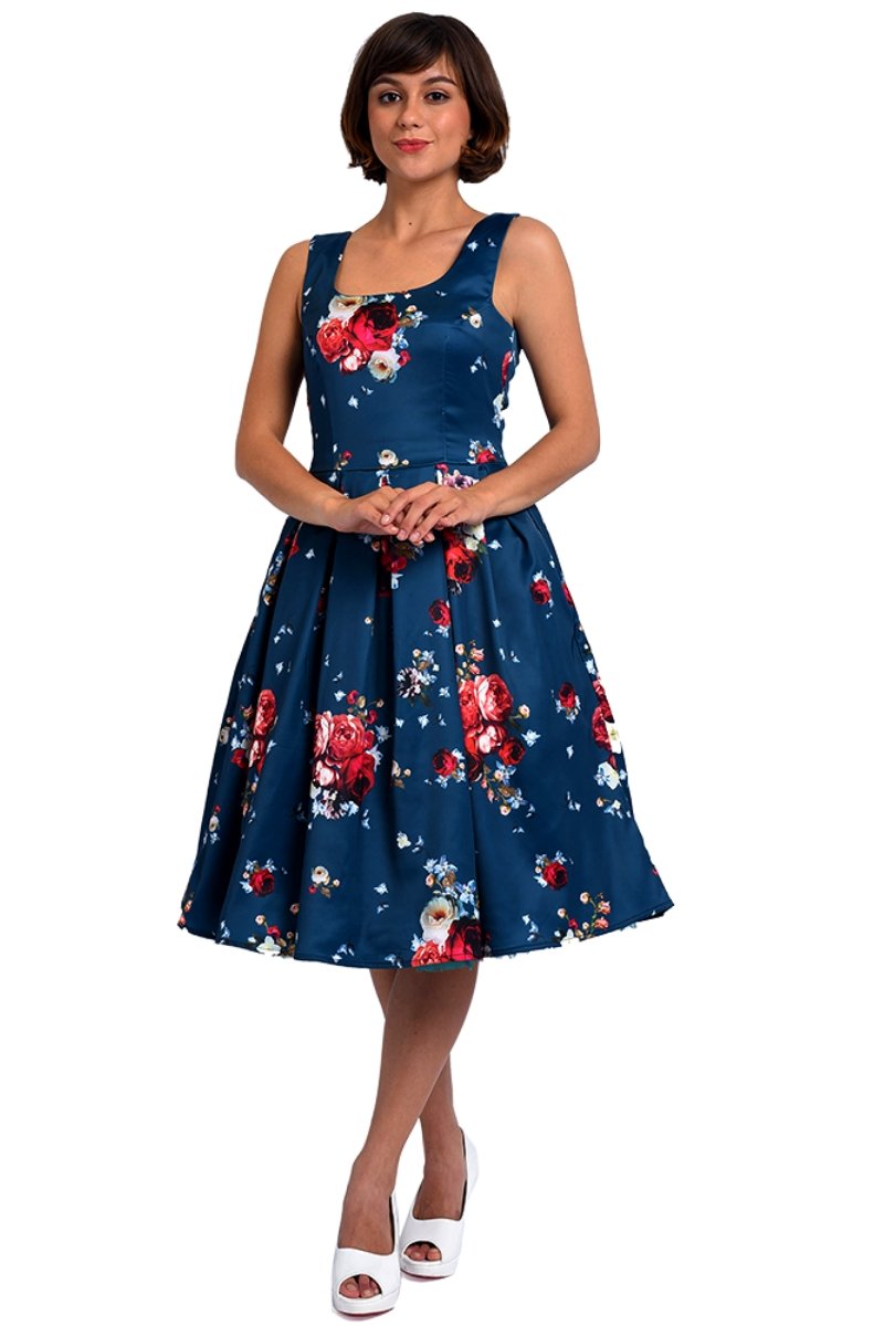 Women's Blue & Red Rose Swing Dress