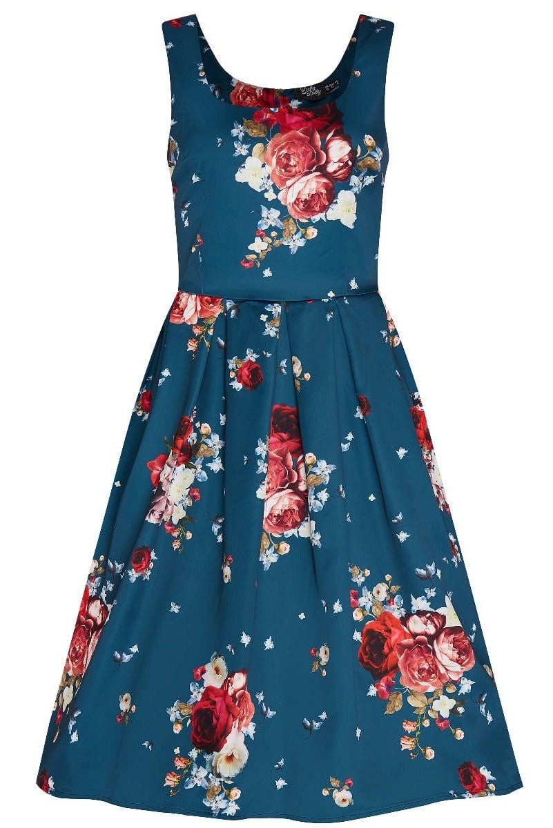 Women's Blue & Red Rose Swing Dress